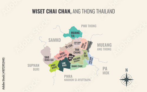 Map showing Wiset Chai Chan District Ang Thong Thailand divided into sub districts with minimalist colorful patterns