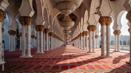 Interior of a mosque with rows of white and gold pillars and arches