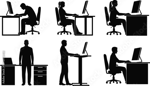 People working at desk silhouette set with standing desk office ergonomics computer station cad drawing flat vector illustration for architecturev