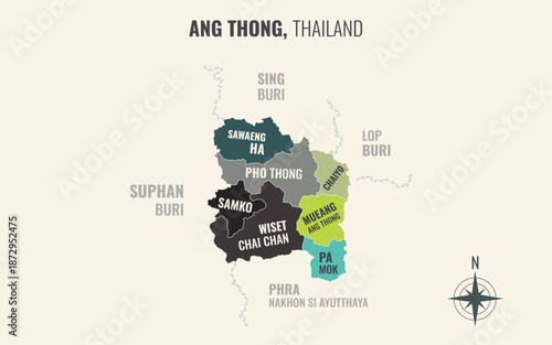 A map showing Ang Thong Thailand divided into districts in a minimalist colorful style