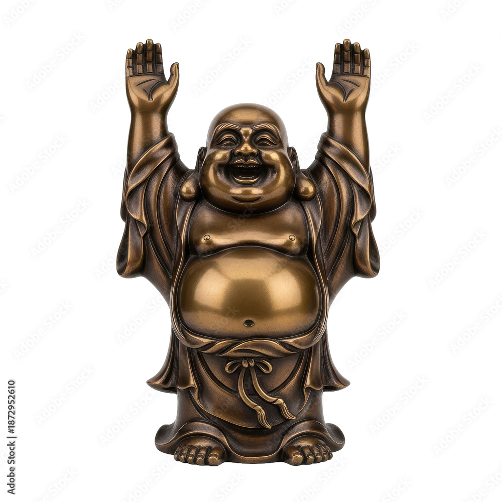Fototapeta premium Bronze Buddha Statue Raising Hands Isolated Black