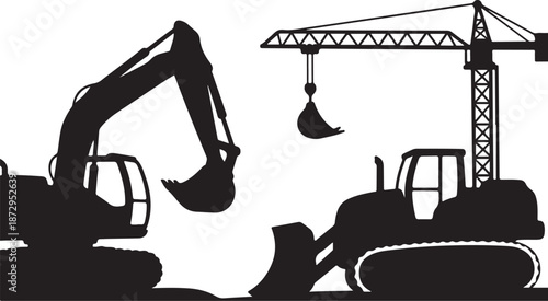 Construction equipment silhouettes on white background illustration design