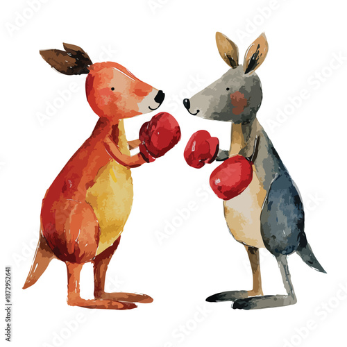 Cute Watercolor Kangaroos Boxing Match Illustration.