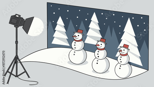 Snowman Photo Shoot Winter Scene with Snowmen.