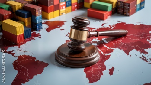 A wooden gavel rests on a world map with colorful building blocks representing global trade and legal decisions