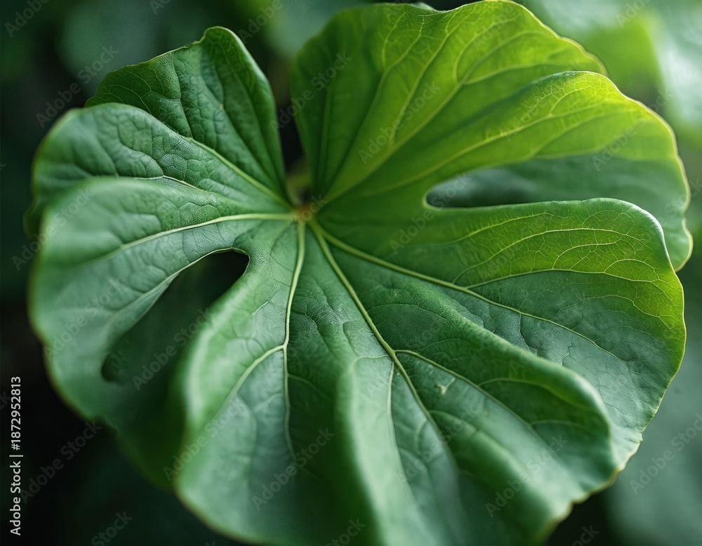 Fototapeta premium Closeup of rich green fig leaf. The plant leaf shows detailed texture and veins. The image can be used for design backgrounds templates. Fresh eco tropical foliage plant.