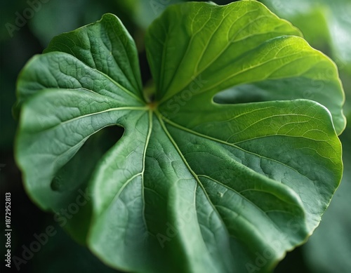 Closeup of rich green fig leaf. The plant leaf shows detailed texture and veins. The image can be used for design backgrounds templates. Fresh eco tropical foliage plant.