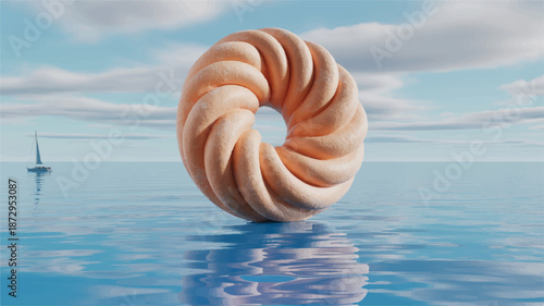 Large twisted bagel floating on calm sea water with sailboat in distance