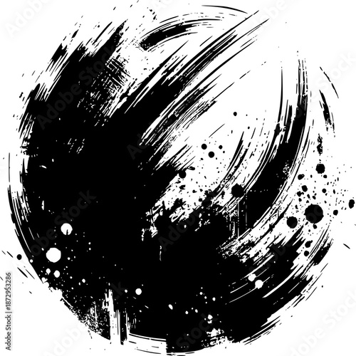 Abstract grunge background illustration featuring black ink splats and liquid paint drips with a dirty spray texture and artistic vector brush spots on a stained design element