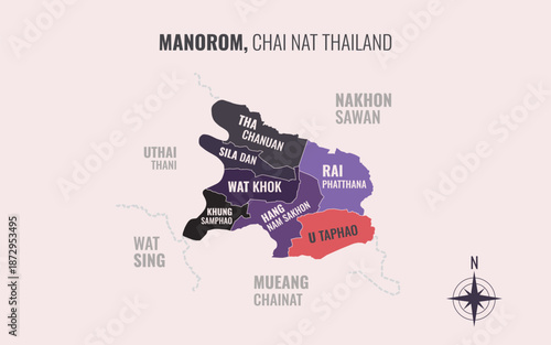 Map showing Manorom District Chai Nat Thailand divided into sub districts with minimalist colorful patterns