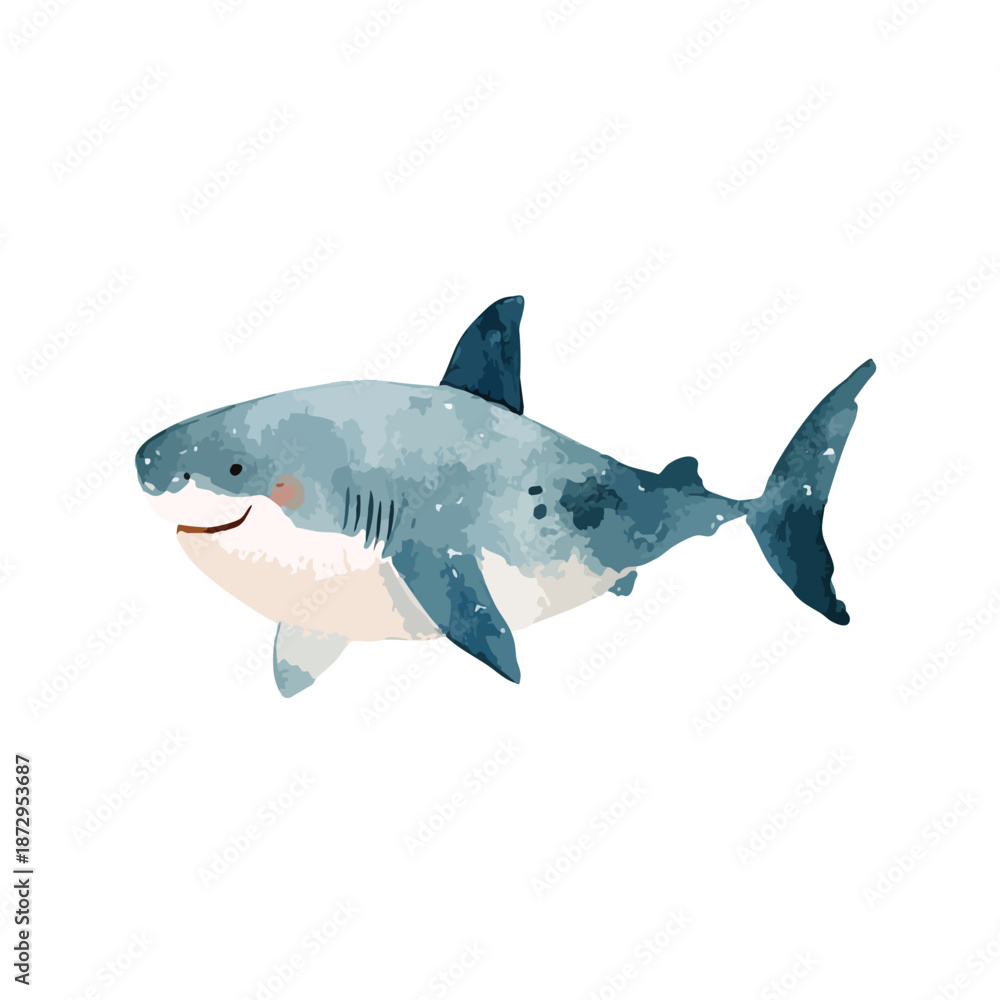 Fototapeta premium Cute Watercolor Shark Illustration Friendly Marine Animal for Kids Design.
