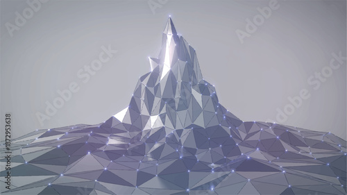 Low poly mountain with glowing connections and geometric shapes in purple hues