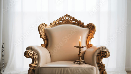 Luxurious beige armchair with gold accents and candle on side table