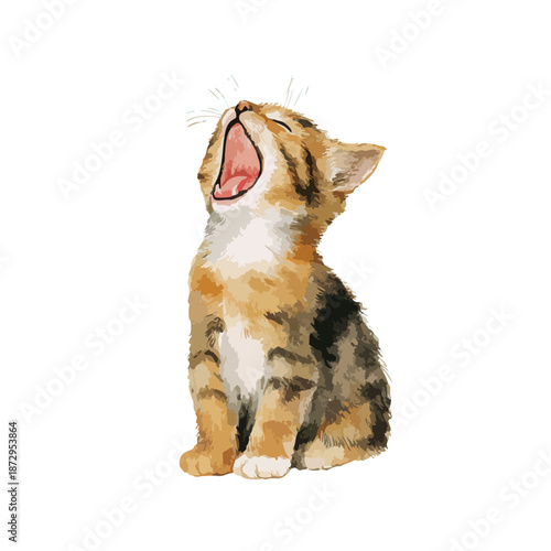 Cute Yawning Kitten Vector Illustration.