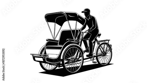 Traditional Cycle Rickshaw or Becak with Driver Illustration.