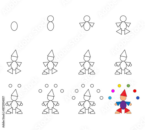 How to draw step by step? Worksheet easy guide to drawing cartoon juggler. Developing kids skills for drawing and coloring.