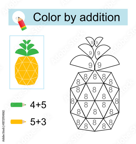 Color by addition. Vector illustration for kids education. Cartoon pineapple.