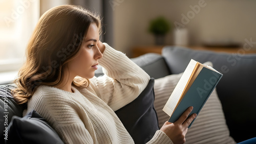 A young woman sitting comfortably on a couch deeply focused on reading a blue book