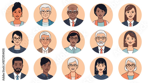A diverse collection of circular profile pictures featuring men and women of various ages, ethnicities, and professions.