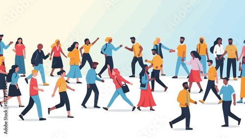 A diverse group of people walking in different directions against a gradient background, illustrating movement and community.