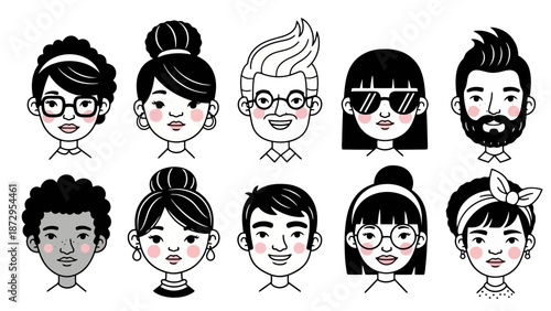 A diverse collection of ten stylized, black and white cartoon portraits of people with various hairstyles and accessories.