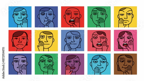 A grid of 15 colorful square portraits, each depicting a person with a different facial expression of pain or discomfort.