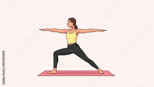 A woman in athletic wear performs the Warrior II yoga pose on a mat, demonstrating balance and strength.