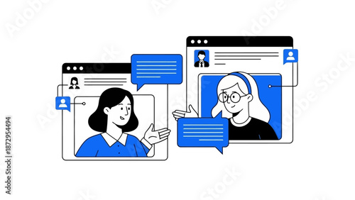 Two women engaged in a virtual conversation, represented by chat bubbles and profile icons within digital windows.
