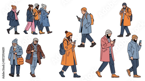 Diverse group of people in winter clothing walking and looking at their smartphones, illustrating modern urban life and technology use.