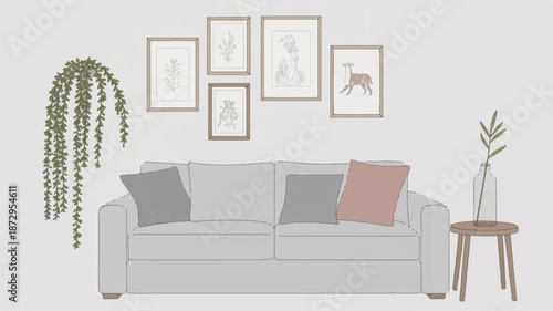 Minimalist living room interior with sofa and plant