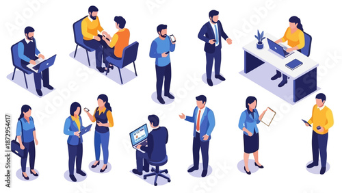 Isometric illustration of diverse professionals collaborating and working in a modern office environment, showcasing teamwork and productivity.