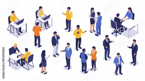 Isometric illustration depicting a diverse group of people engaged in various business-related activities and interactions within an office setting.