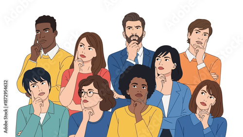 A diverse group of people of various ages and ethnicities are shown in a thoughtful pose, with their hands on their chins, looking upwards.