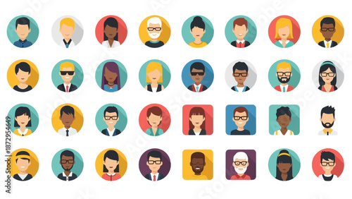 A diverse collection of flat design avatar icons representing various people with different hairstyles, ethnicities, and clothing styles.