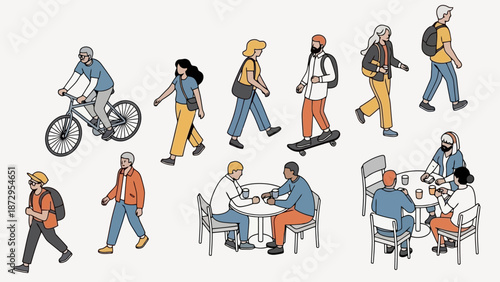 Isometric illustration of diverse people engaged in various everyday activities like cycling, walking, skateboarding, and socializing at cafes.