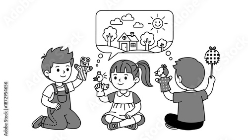 Three Children Playing with Hand Puppets and Telling Stories.