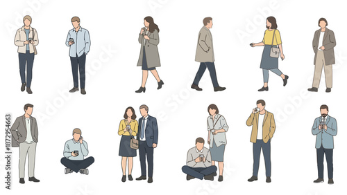 A diverse collection of people in various casual and professional poses, some standing, some sitting, engaged with their phones and surroundings.