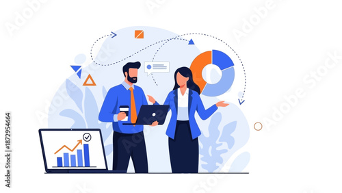 Business professionals collaborating on a project, analyzing charts and data on laptops and a pie chart.