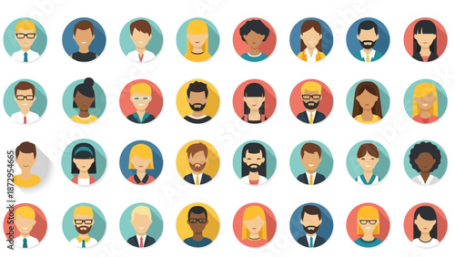 A diverse collection of flat design avatar icons representing various people with different hairstyles, ethnicities, and genders, set against colorful circular backgrounds.