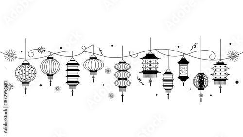 Traditional Asian Hanging Lanterns Ornament Illustration.