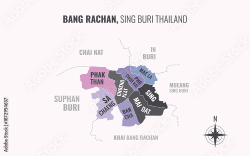 Map showing Bang Rachan District Sing Buri Thailand divided into sub districts with minimalist colorful patterns