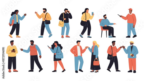 A diverse group of people in casual attire, engaged in various activities like talking on phones, holding bags, and interacting with each other, depicted in a flat illustration style.