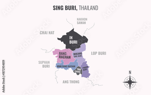 A map showing Sing Buri Thailand divided into districts in a minimalist colorful style