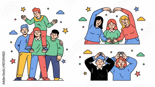 Diverse group of friends celebrating together, forming heart shapes and showing unity and happiness.