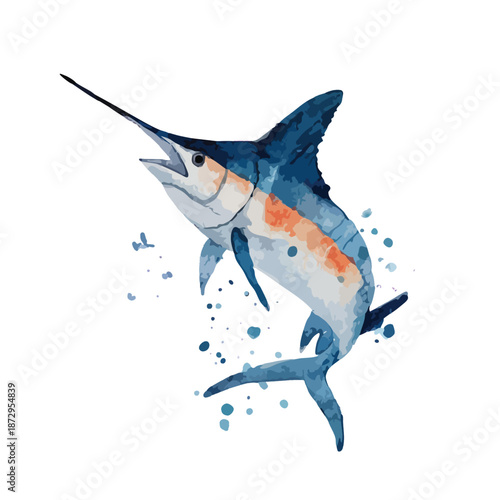 Dynamic Blue Marlin Fish Watercolor Illustration with Artistic Splashes.