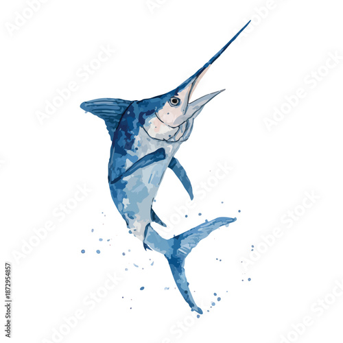 Dynamic Blue Marlin Jumping Out of Water Watercolor Style Vector Illustration.