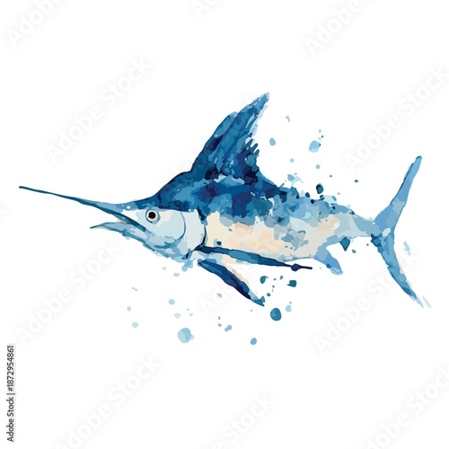Dynamic Blue Marlin Fish Watercolor Illustration with Splashes.