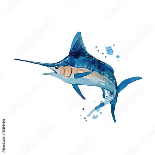 Dynamic Blue Marlin Watercolor Fish Art.