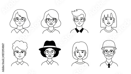 A collection of eight diverse black and white line art avatars, showcasing various hairstyles, glasses, and headwear for different individuals.