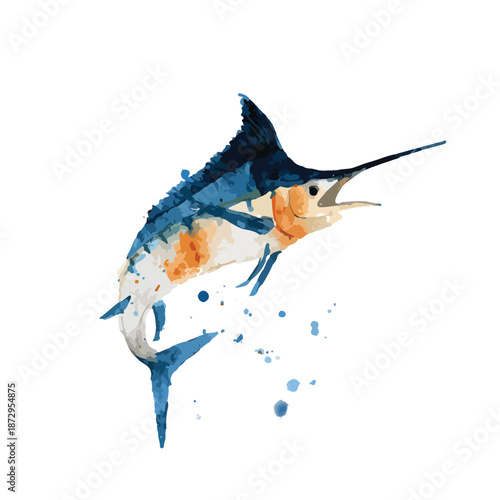 Dynamic Blue Marlin Watercolor Splash Art 1.